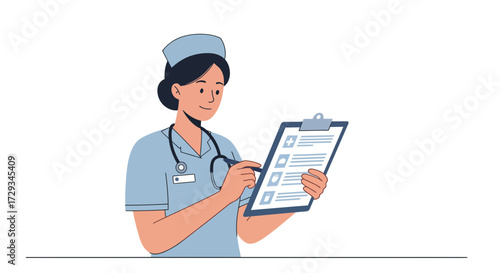 Caring nurse diligently reviewing patient chart with stethoscope, embodying healthcare dedication and professional medical attention