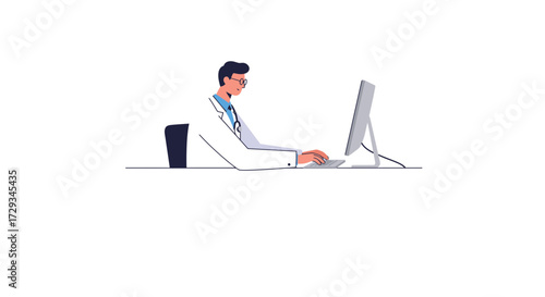 Dedicated doctor in white lab coat focused on computer screen, typing diligently at desk for medical research or patient care
