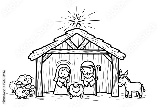 A Hand Drawn Cartoon of the Christmas Nativity Scene