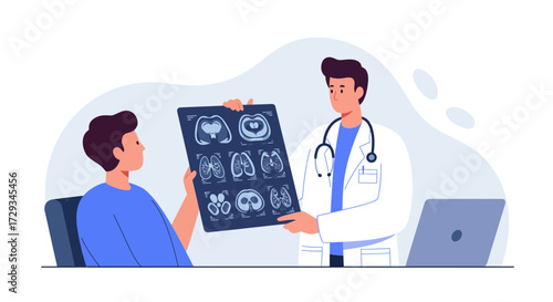 Doctor explaining medical scan results to concerned patient, fostering hope and understanding in a professional healthcare setting.