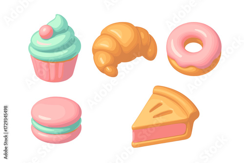 Delicious assortment of baked goods and desserts including cupcake, croissant, donut, macaron, and pie slice