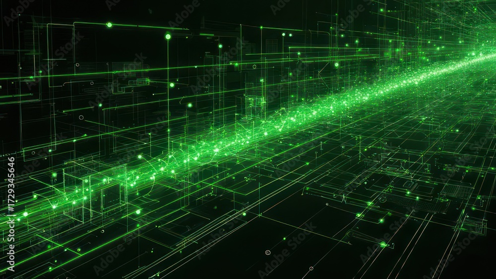 Naklejka premium Abstract Green Light Beam on Digital Circuit Board Background.