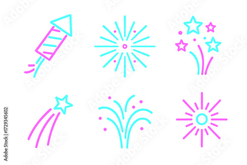 Bright neon outline icons of various fireworks and celebratory bursts for festive occasions and events