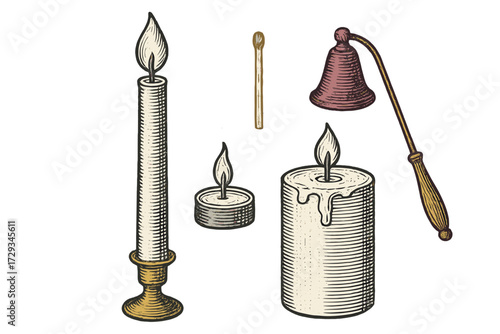 Engraved style burning candles in various forms with a wooden matchstick and an antique candle snuffer on white