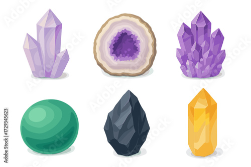Collection of natural crystals, geodes, and raw mineral stones including amethyst, quartz, and other geological formations