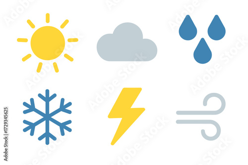 Collection of essential weather forecast symbols including bright sun, fluffy cloud, falling rain, delicate snowflake, powerful lightning, and swirling wind