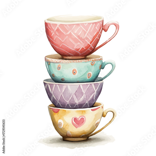 Stacked Teacups With Pastel Patterns, watercolor vector, isolated on a white background.