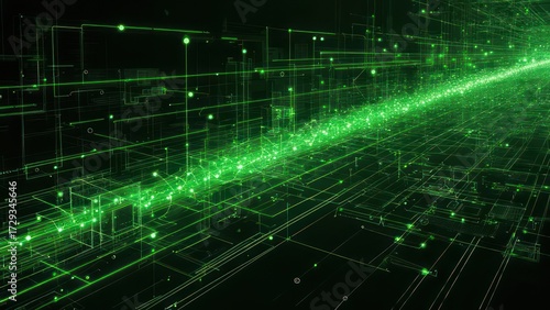 Abstract Green Light Beam on Digital Circuit Board Background.