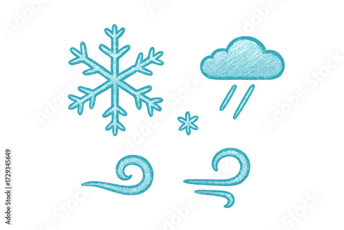 Collection of blue weather icons featuring winter elements such as snowflakes, a rain cloud, and dynamic wind swirls