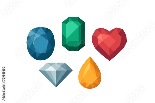 Vibrant faceted gemstones in various classic and unique shapes including diamond, emerald, heart, oval, and teardrop cuts