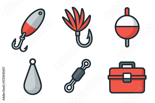 Collection of essential fishing equipment and tackle set including a lure, bobber, sinker, swivel, and a red tackle box