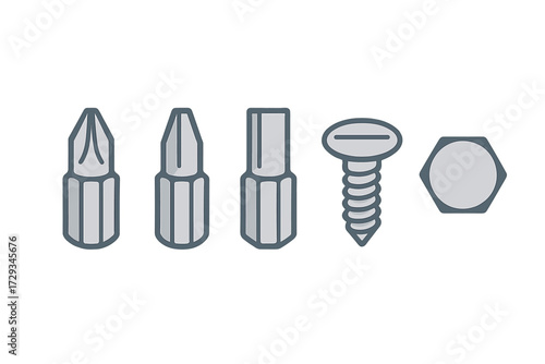 Assortment of screwdriver bits, slotted head screw, and hexagonal nut for construction and repair
