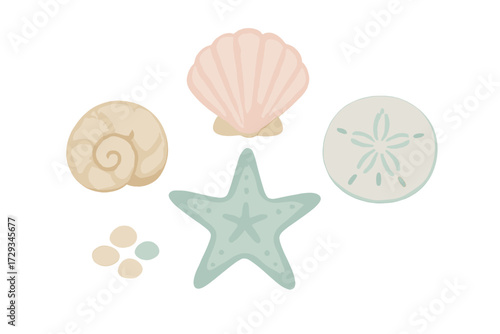 Coastal themed pastel watercolor style collection of various seashells, starfish, sand dollar, and beach pebbles on a clean white background