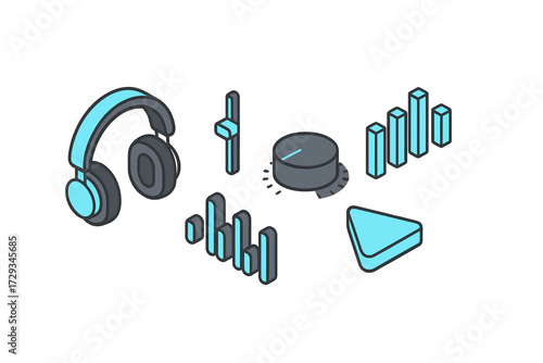 Isometric music and audio control icons set with headphones sound waves volume knob and play button for digital media