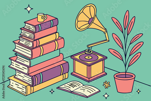  a vibrant, whimsical still life composition featuring a levitating stack of books, a potted plant, and various eclectic objects on a teal background, magical realism, surreal, dreamlike, cinematic 