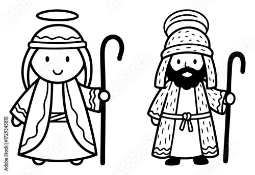 Cute Nativity Shepherds Line Art Vector