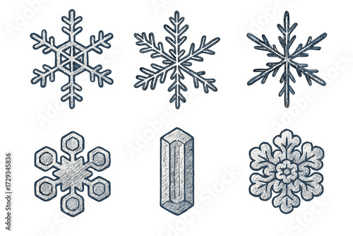 Diverse collection of unique winter snowflakes and ice crystal shapes with textured outlines and intricate details