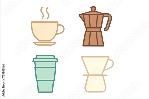 Flat design icons featuring coffee brewing devices like moka pot, pour over, and various hot beverage cups