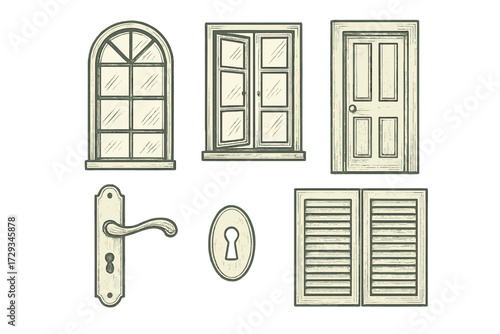 Classic architectural elements collection featuring windows, door, handle, keyhole, and shutters for building design