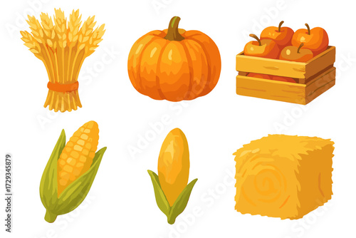 Vibrant autumn harvest collection featuring pumpkin, fresh red apples, golden corn, wheat sheaf, and rustic hay bale