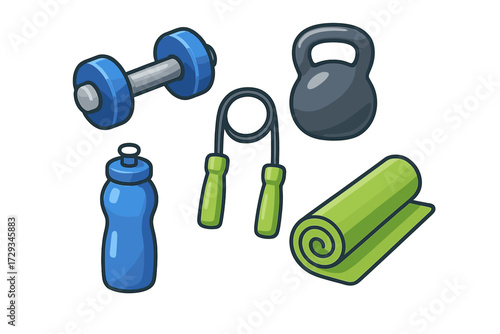 Assortment of essential fitness and workout equipment including dumbbell, kettlebell, jump rope, water bottle, and yoga mat for a healthy lifestyle