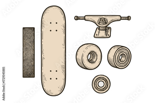 Skateboard deck, trucks, wheels, bearings, and grip tape components set for extreme sports equipment