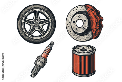 Essential automotive components: car wheel, brake disc, spark plug, and engine oil filter for vehicle maintenance and repair