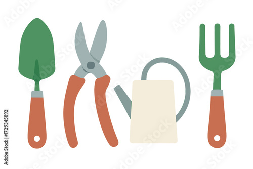 Essential gardening tools set including a trowel, pruning shears, watering can, and hand fork for planting and cultivation