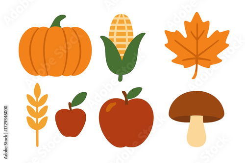 Vibrant collection of autumn harvest elements including pumpkin corn apples mushroom wheat and maple leaf on white background
