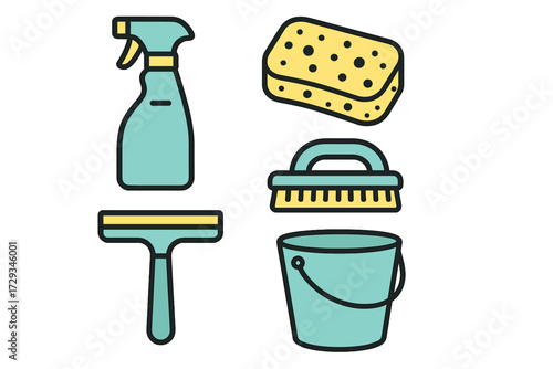 Collection of essential household cleaning supplies including spray bottle sponge scrub brush squeegee and bucket for domestic hygiene tasks