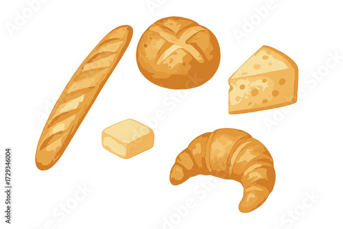 Delicious assortment of fresh baked goods including a golden baguette, flaky croissant, rustic bread roll, and a wedge of cheese with a block of butter
