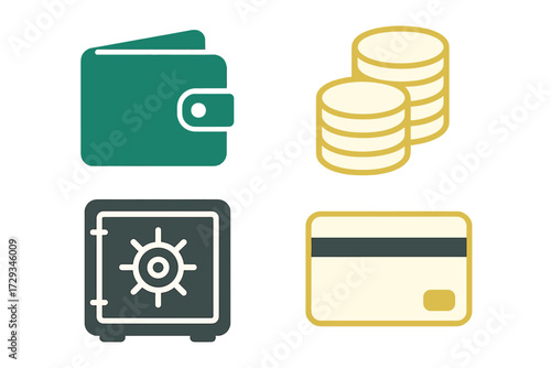 Modern financial icons set with wallet, stacked coins, secure safe, and credit card representing money management and security