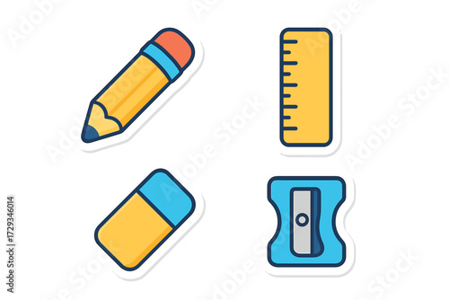 Essential school and office supplies icons set with pencil, ruler, eraser, and sharpener for education and work