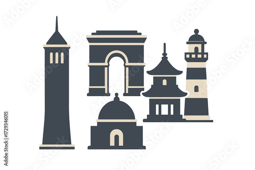 Diverse collection of iconic world architecture featuring famous landmarks and global travel destinations for tourism and culture concepts