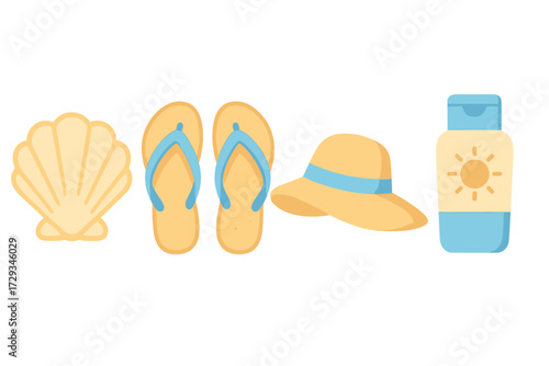 Collection of essential items for a summer beach vacation, featuring a seashell, flip-flops, sun hat, and sunscreen bottle