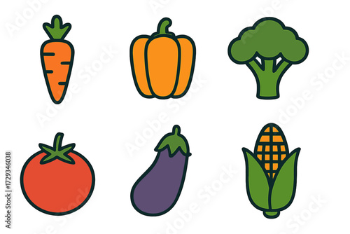 Vibrant collection of fresh healthy garden vegetables and produce icons for healthy eating and organic food concepts