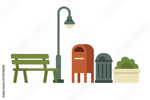 Urban park elements collection with green bench, street lamp, mailbox, trash can, and planter with bushes