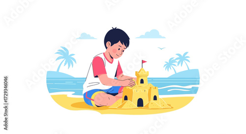 Child Building Sandcastle On The Beach Enjoying Summer Holiday Near The Ocean