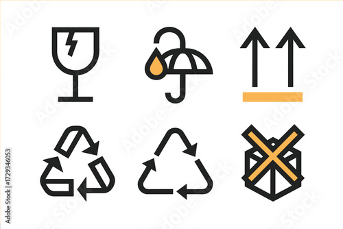 Essential packaging and recycling symbols for safe product handling, shipping, and environmental responsibility