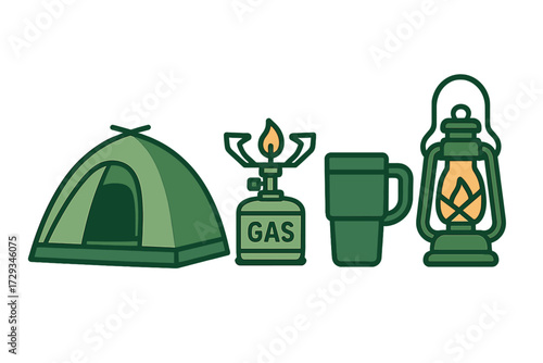 Essential camping gear for outdoor adventure including tent, stove, mug, and lantern