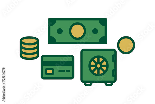Financial security and banking elements including paper money, stacked coins, credit card, and a secure safe