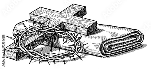 Christian Cross with Crown of Thorns and Shroud Engraving Vector