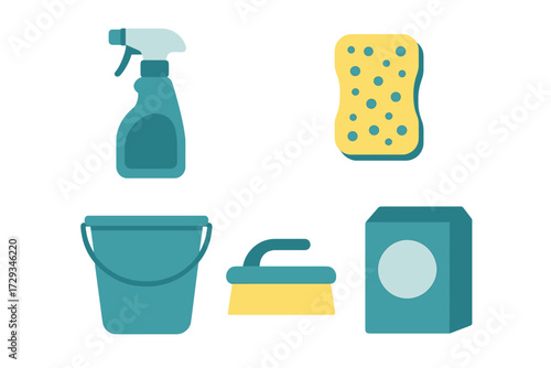 Collection of essential household cleaning supplies and tools including spray bottle, sponge, bucket, brush, and detergent box for domestic chores