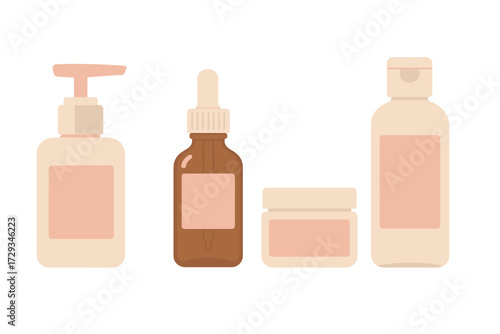 Set of diverse cosmetic product containers including pump bottle, dropper, cream jar, and flip-top bottle for beauty and skincare packaging