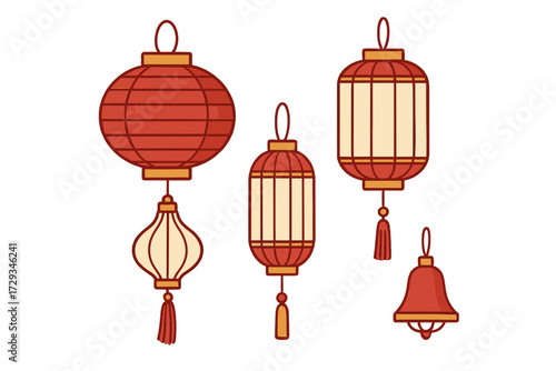 Traditional Chinese lanterns in various shapes and decorative elements for cultural celebrations