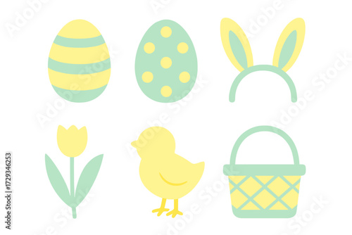 Pastel colored Easter holiday symbols and spring season decorative elements including eggs, bunny ears, chick, tulip, and basket