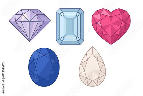 Assortment of colorful faceted gemstones in different shapes and cuts like diamond, emerald, heart, oval, and pear