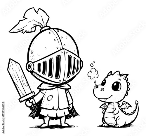 Cute Little Knight and Baby Dragon Ink Illustration