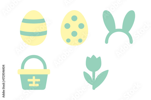 Vibrant Easter holiday symbols featuring decorated eggs, cute bunny ears, a festive basket, and a fresh spring tulip arrangement