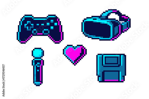 Vibrant neon pixel art gaming and technology symbols: controller, VR headset, microphone, heart, floppy disk